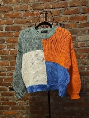 MINKPINK Colorblock Crewneck Sweater in Green, Orange, Blue & Cream
